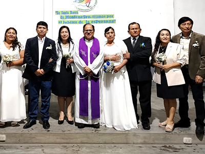 Ceremonia de boda con pareja e invitados junto al Padre(Parroco) Raul Pariamachi ss.cc - Parroquia Nuestra Señora de la Paz